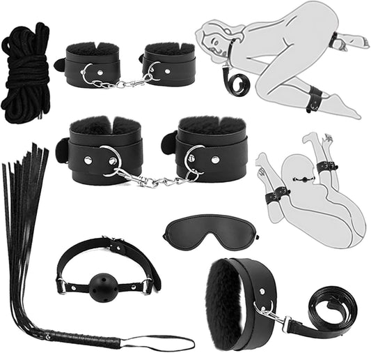 BDSM 7 Piece Black Bondage Kit (Black/Red)