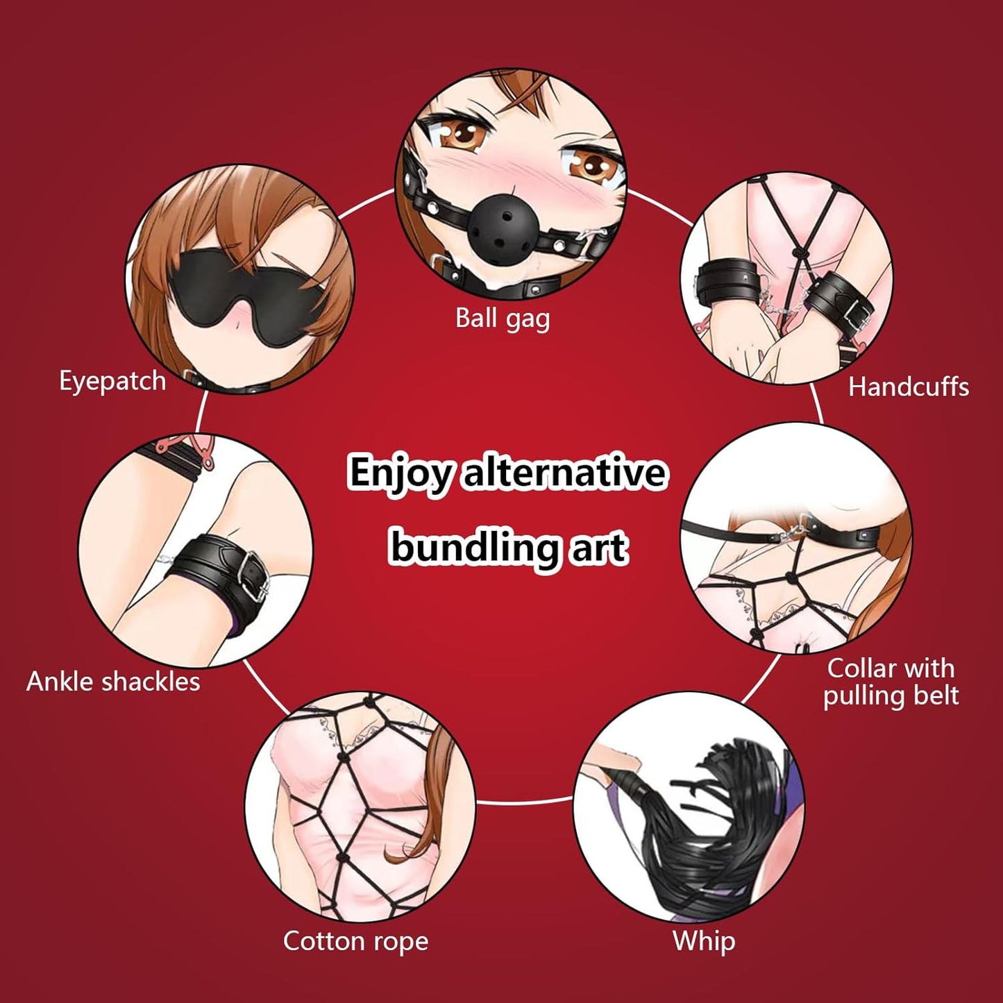 BDSM 7 Piece Black Bondage Kit (Black/Red)